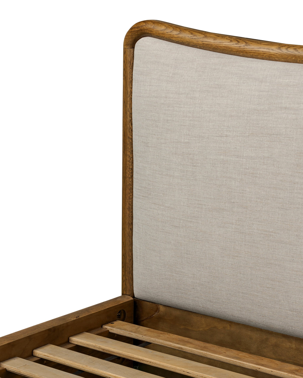 Mavelle Kennie Upholstered Bed Frame with Carved Solid Oak and Linen Headboard headboard - Close-Up
