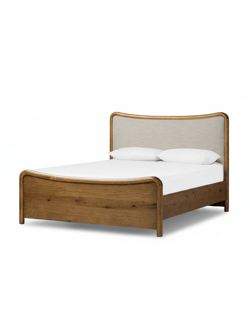 Mavelle Kennie Upholstered Bed Frame with Carved Solid Oak and Linen Headboard headboard