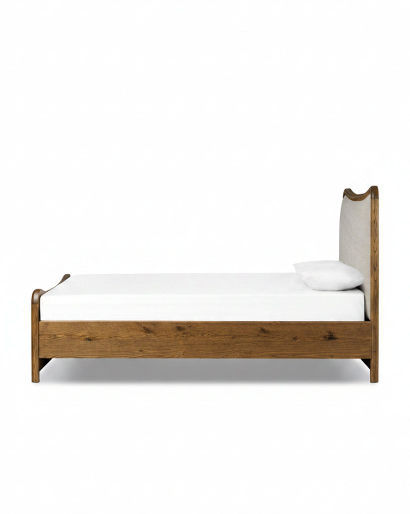 Mavelle Kennie Upholstered Bed Frame with Carved Solid Oak and Linen Headboard headboard - Side View