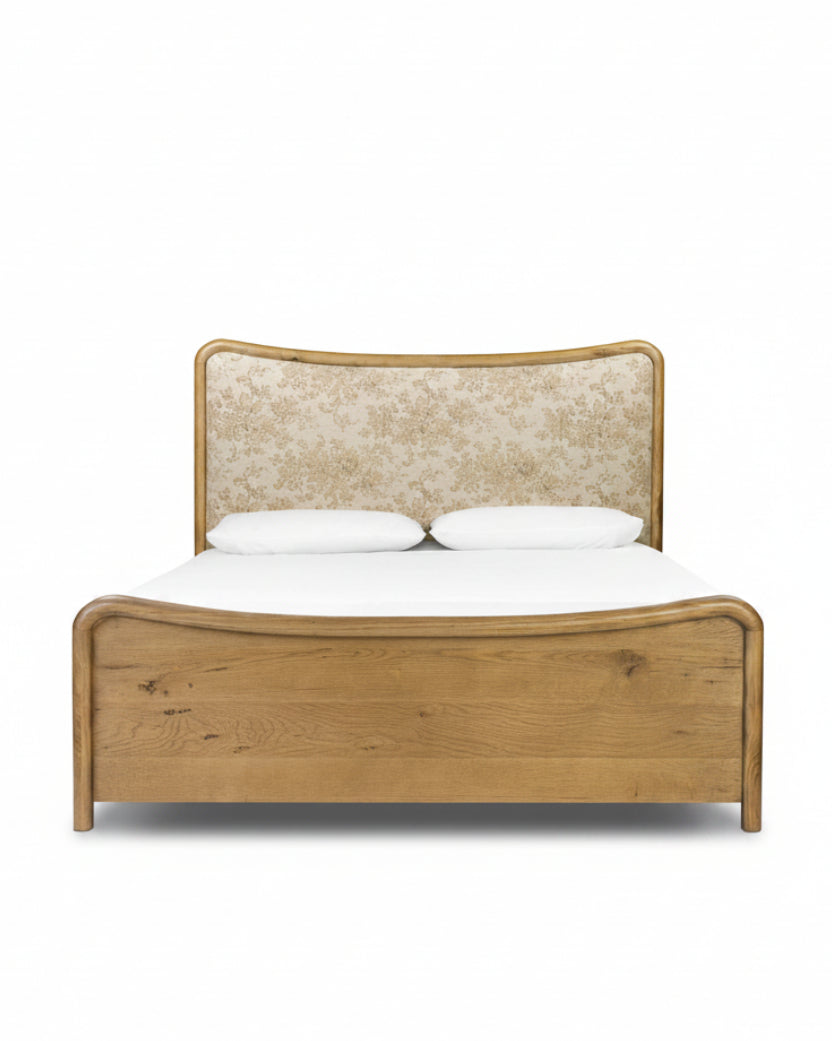 Mavelle Kennie Upholstered Bed Frame with Carved Solid Oak and Linen Headboard headboard - View 10