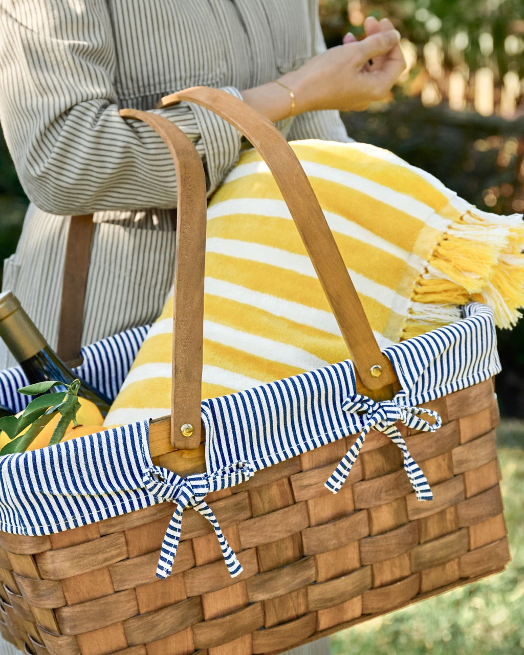 Mavelle Handwoven Picnic Basket with Striped Liner storage basket