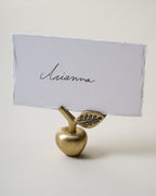 Mavelle Antique Brass Apple Placecard Holder tablecloth - Detail View
