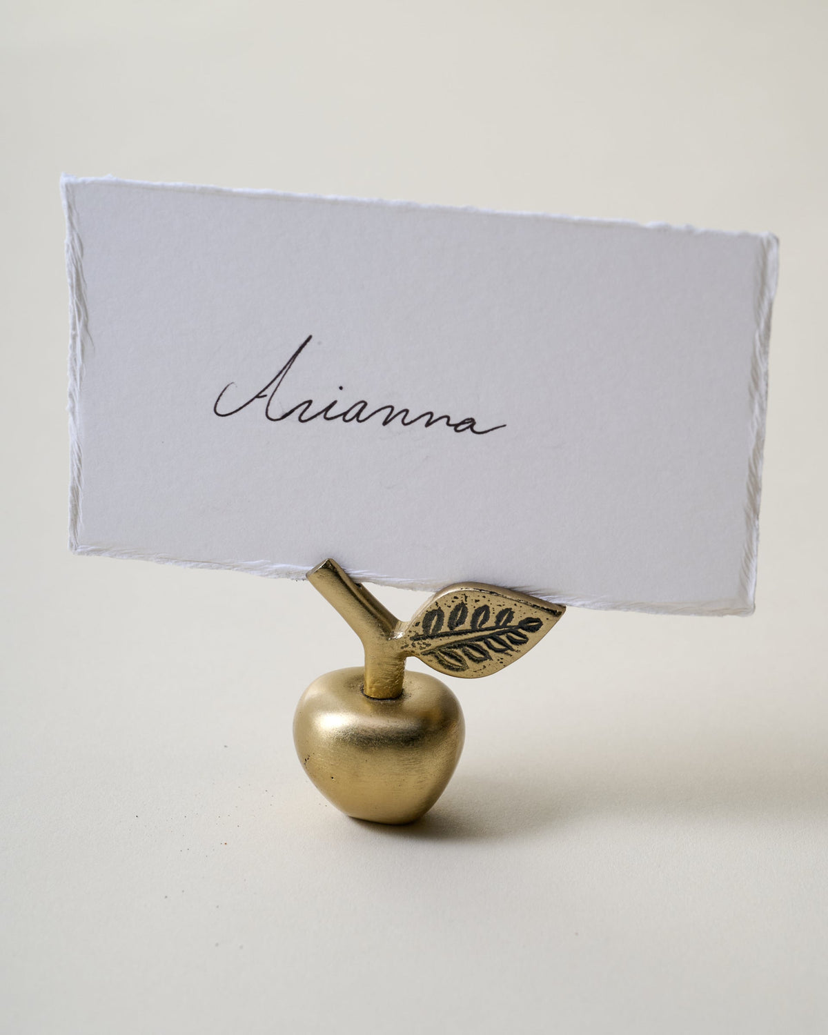 Mavelle Antique Brass Apple Placecard Holder tablecloth - Detail View
