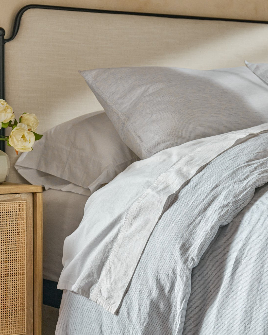 Mavelle White Stripe Linen Cotton Duvet Cover duvet cover - Close-Up