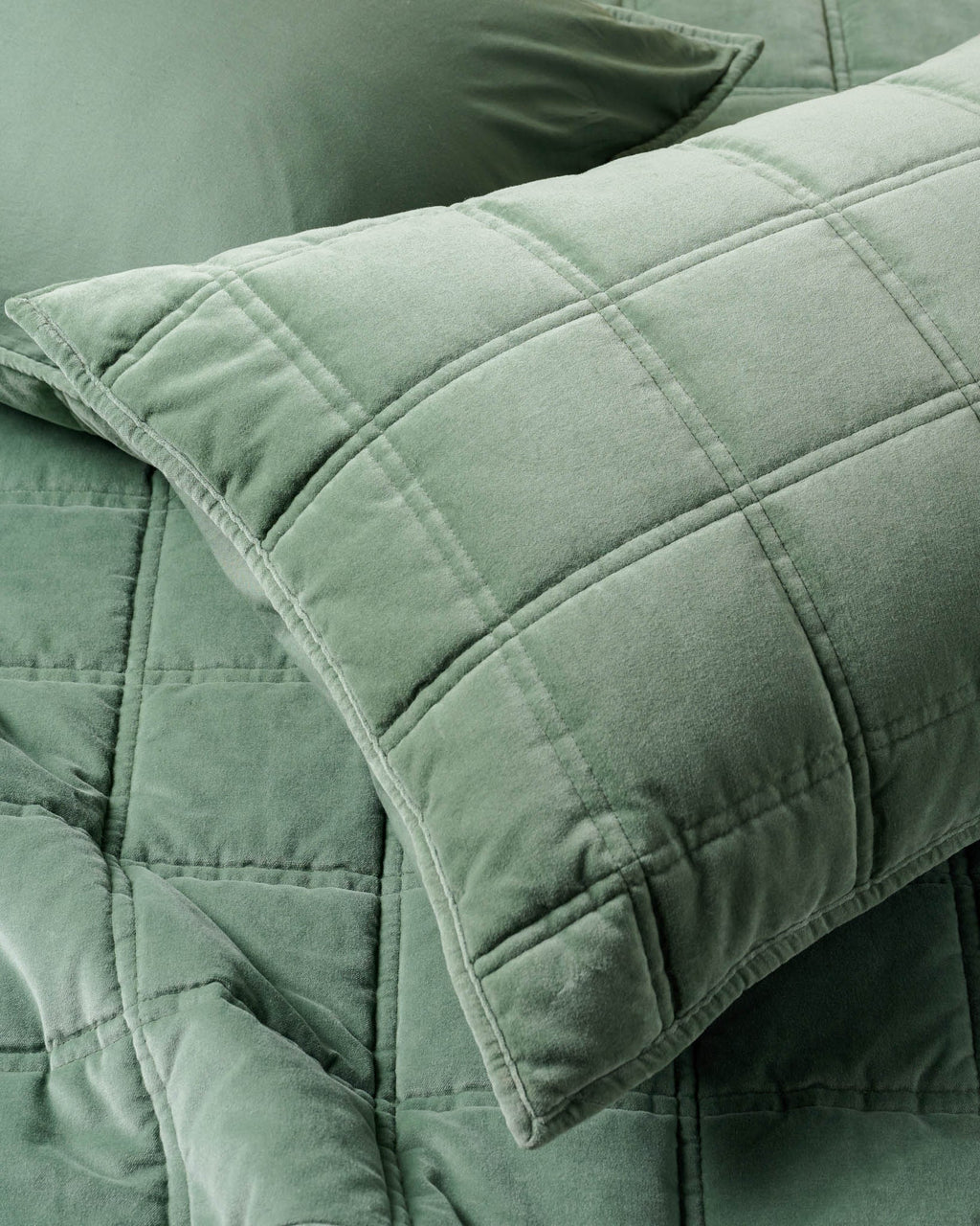 Mavelle Weekend Velvet Quilt - Dusty Green quilt - Styled in Room