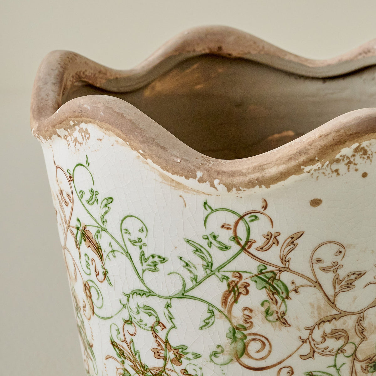 Mavelle Green Scalloped Distressed Planter planter - Styled in Room