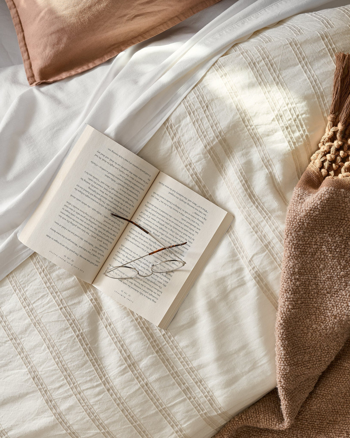 Mavelle Embroidered Stripe Linen Cotton Duvet Cover - Oatmeal duvet cover - Styled in Room