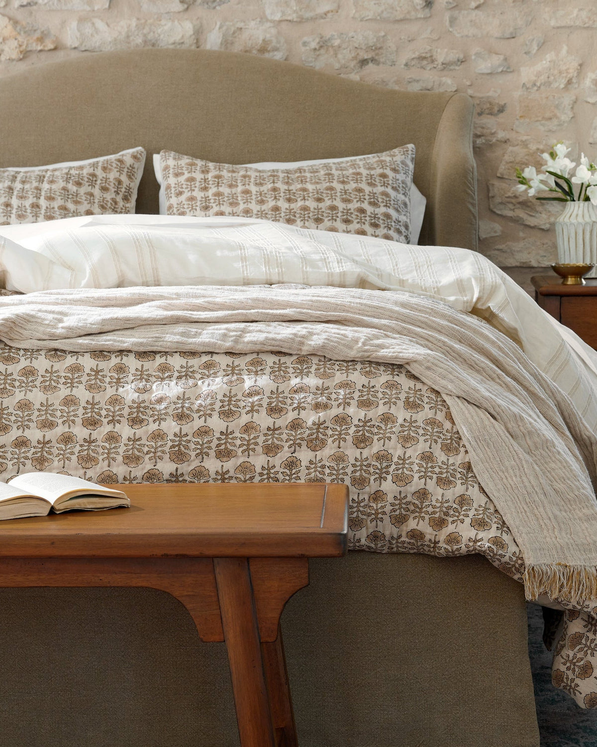 Mavelle Flora Block Printed Quilt - Natural quilt - Styled in Room