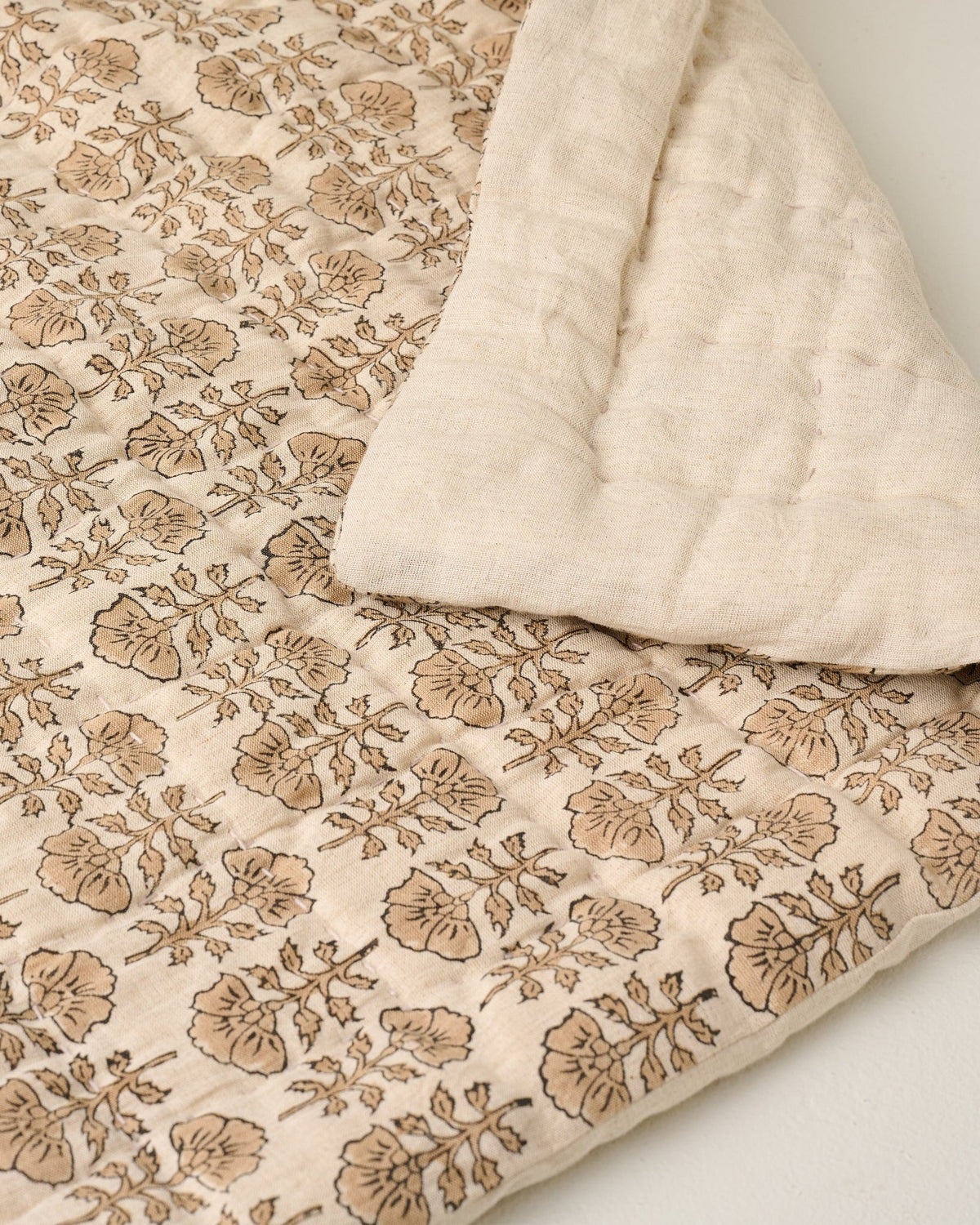 Mavelle Flora Block Printed Quilt - Natural quilt - Side View