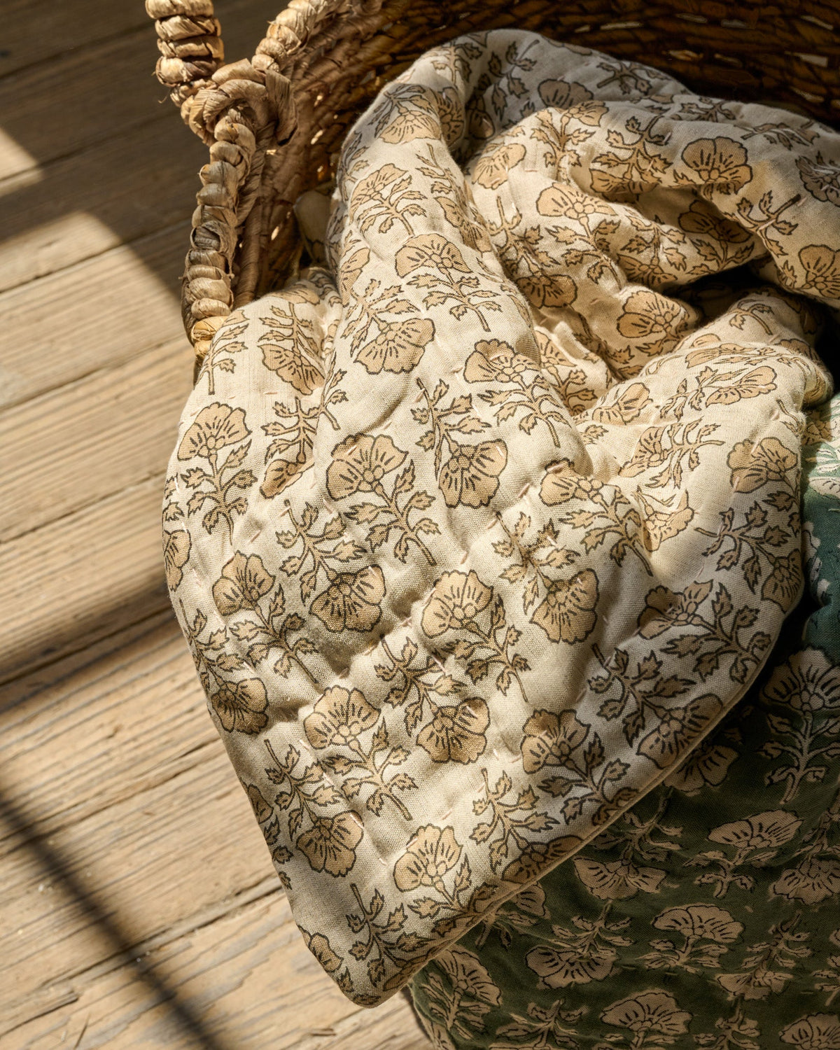 Mavelle Flora Block Printed Quilt - Natural quilt - Detail View