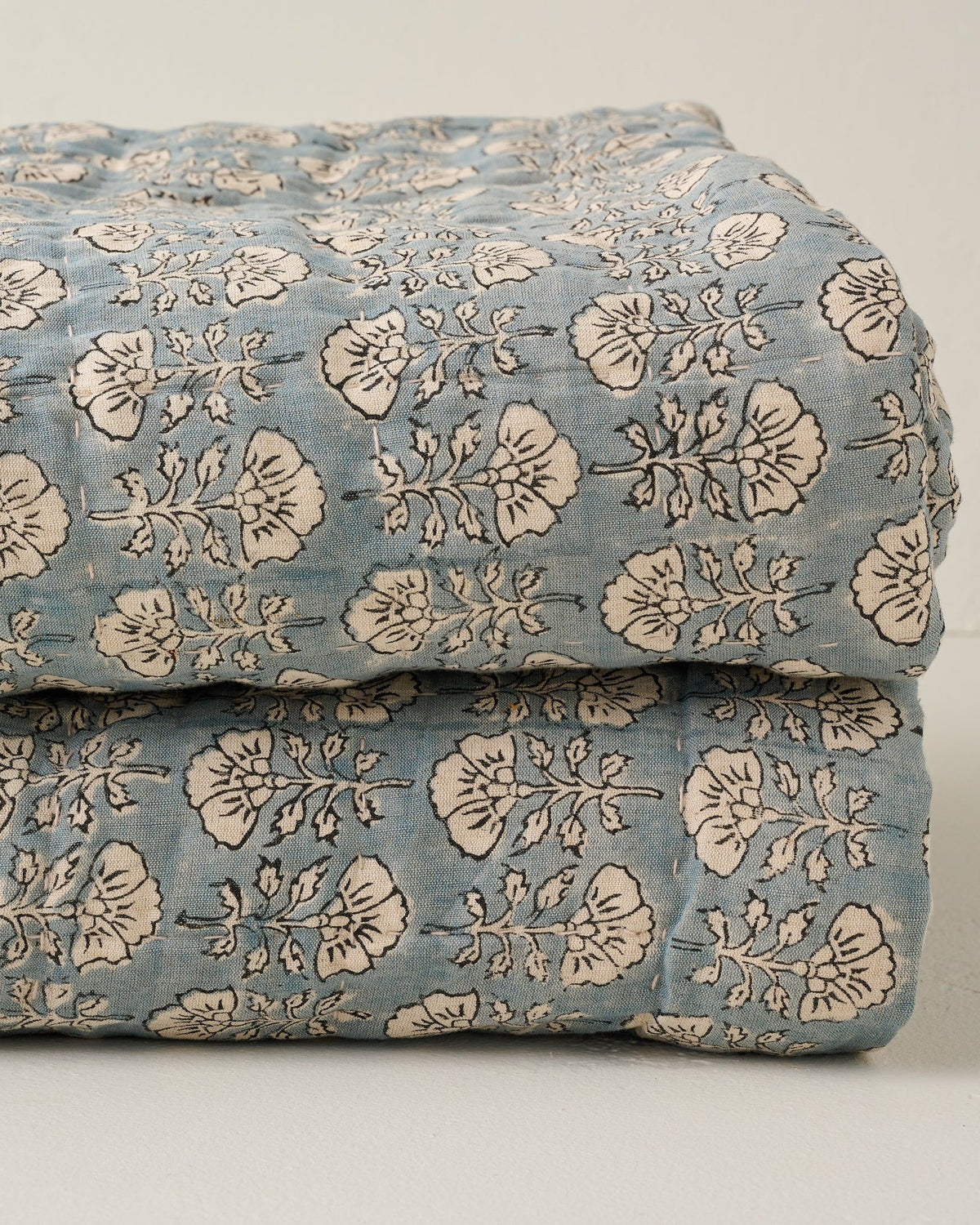 Mavelle Flora Block Printed Quilt - Silver Blue quilt - Close-Up