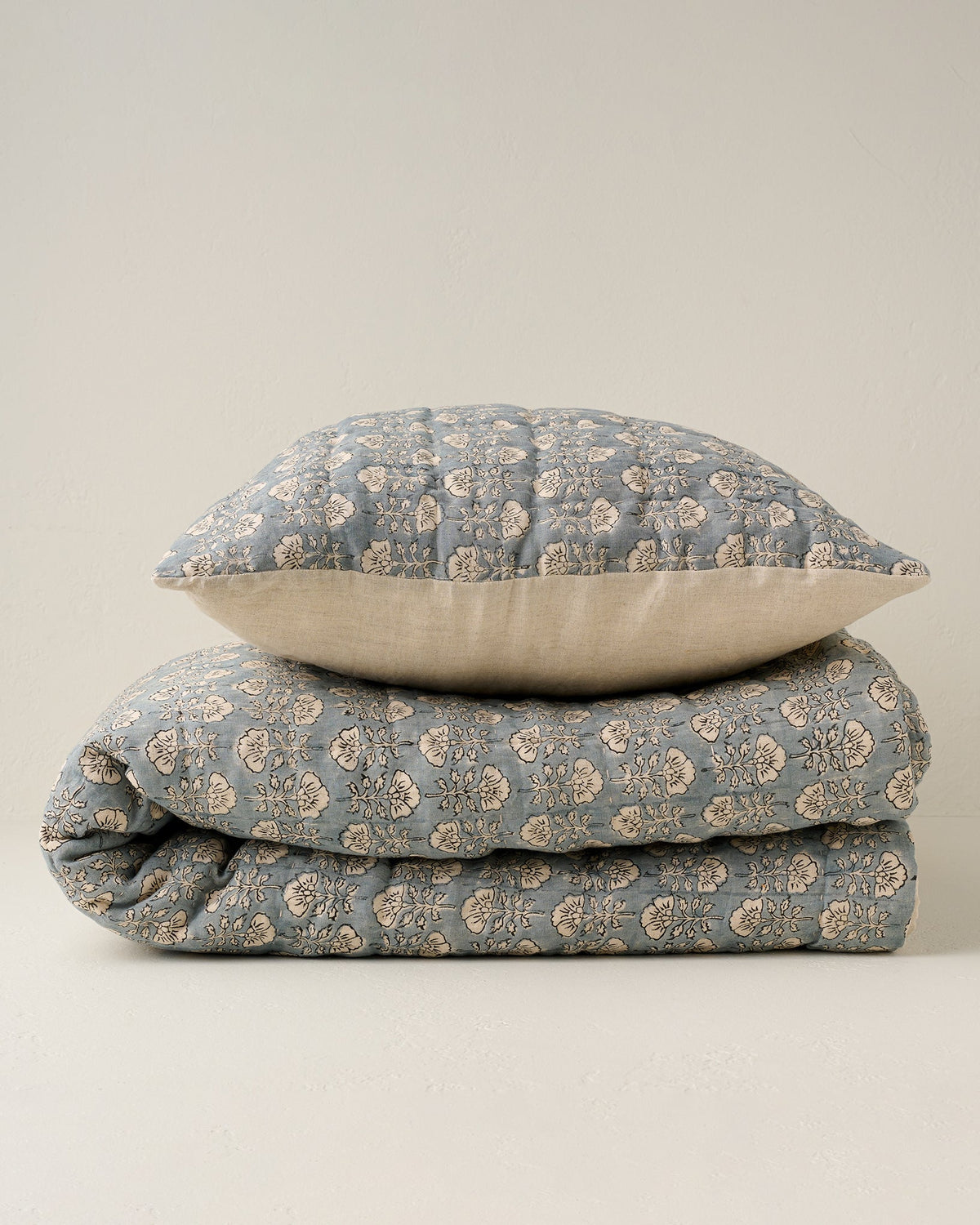 Mavelle Flora Block Printed Sham - Silver Blue (Euro) pillow sham - Side View