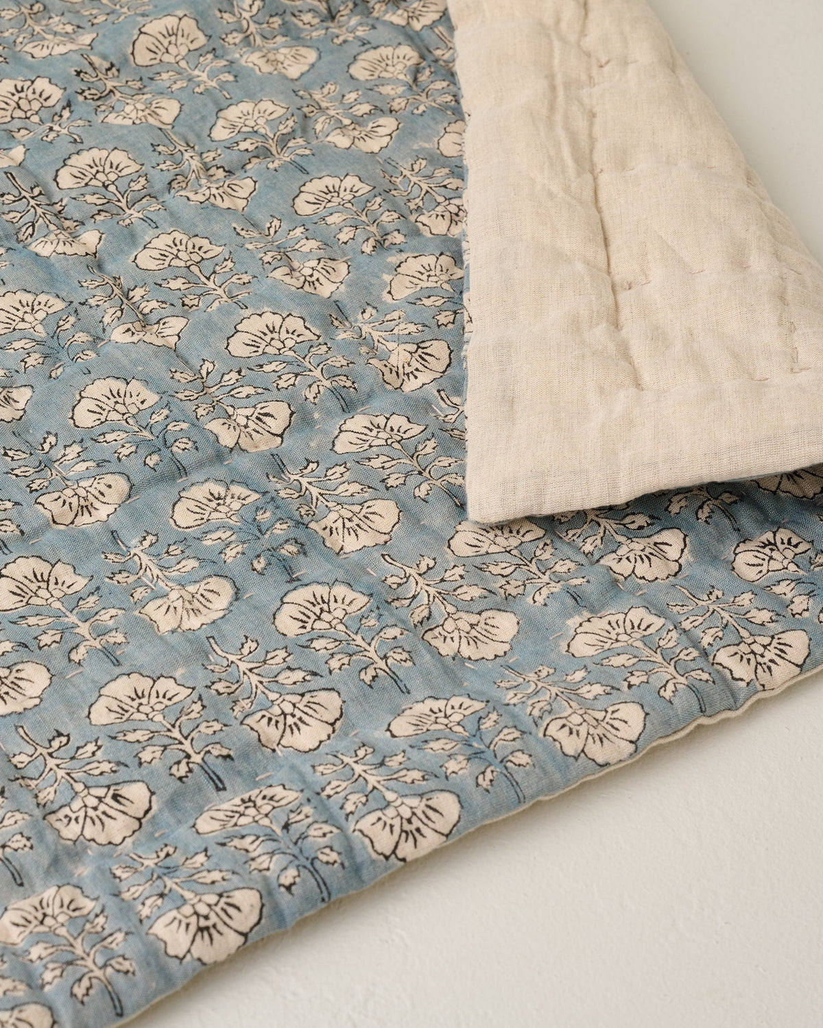 Mavelle Flora Block Printed Quilt - Silver Blue quilt - Side View