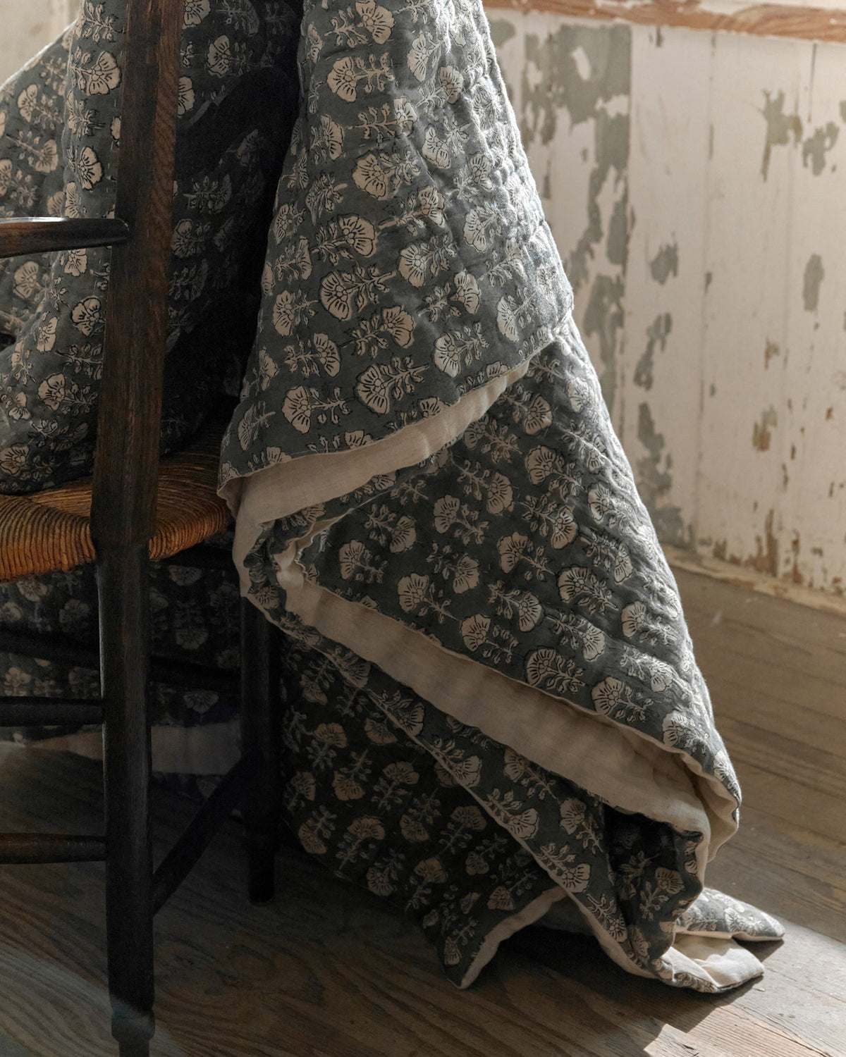 Mavelle Flora Block Printed Quilt - Silver Blue quilt - Detail View