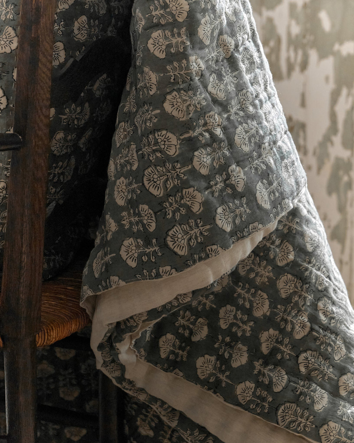 Mavelle Flora Block Printed Quilt - Silver Blue quilt - Styled in Room
