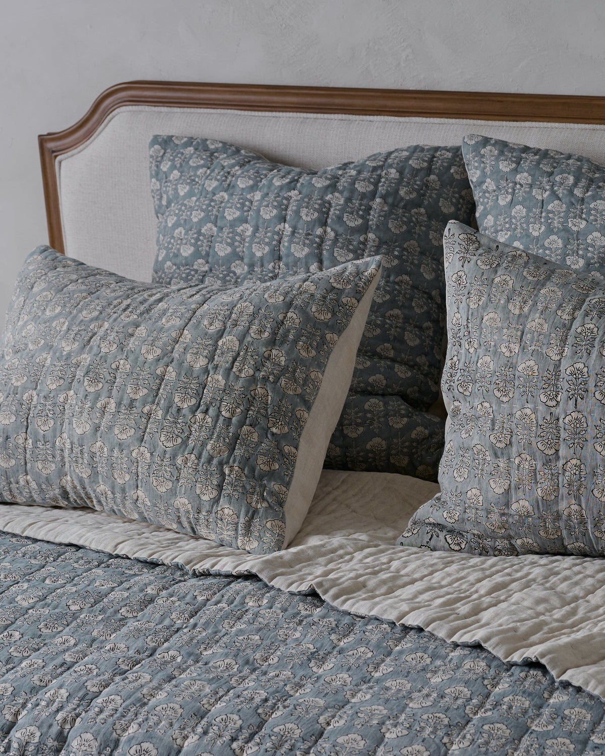 Mavelle Flora Block Printed Sham - Silver Blue (Euro) pillow sham - Close-Up