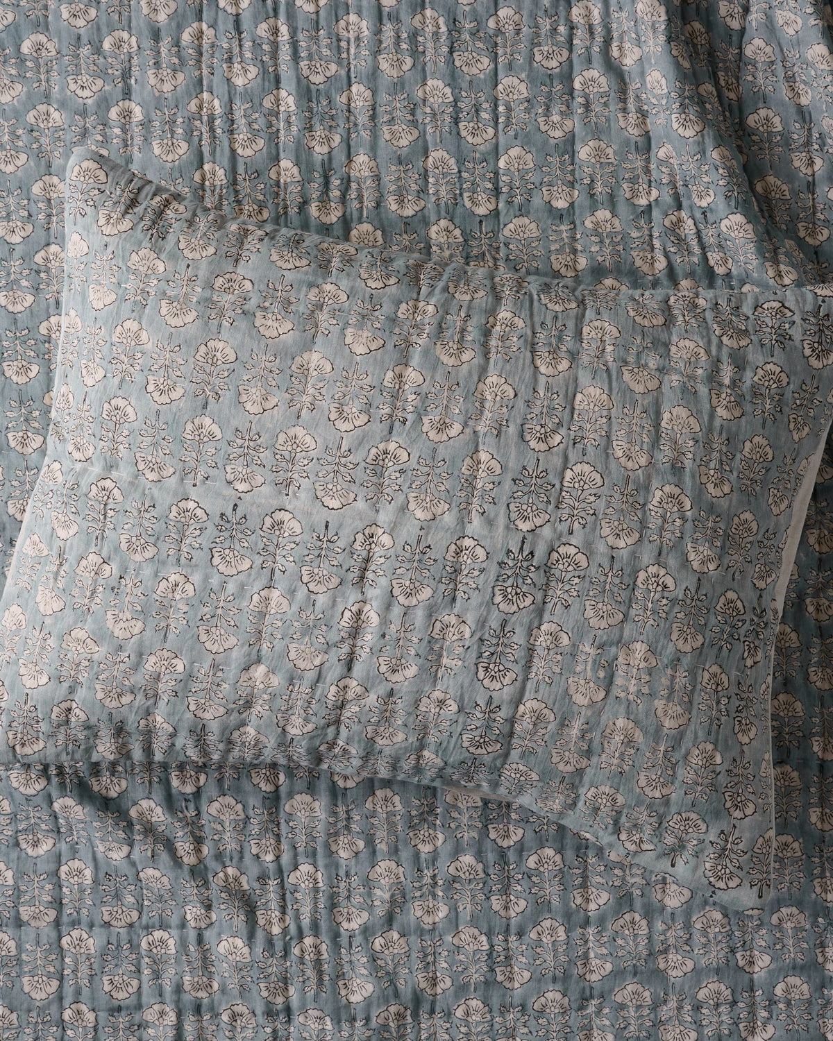 Mavelle Flora Block Printed Sham - Silver Blue (Euro) pillow sham - Detail View