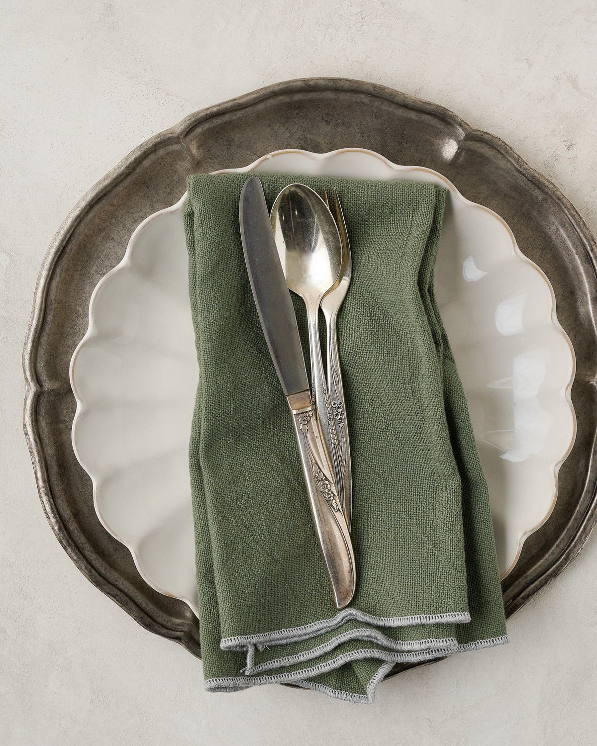Mavelle Vintage-Inspired Pewter Charger dinnerware set - Styled in Room