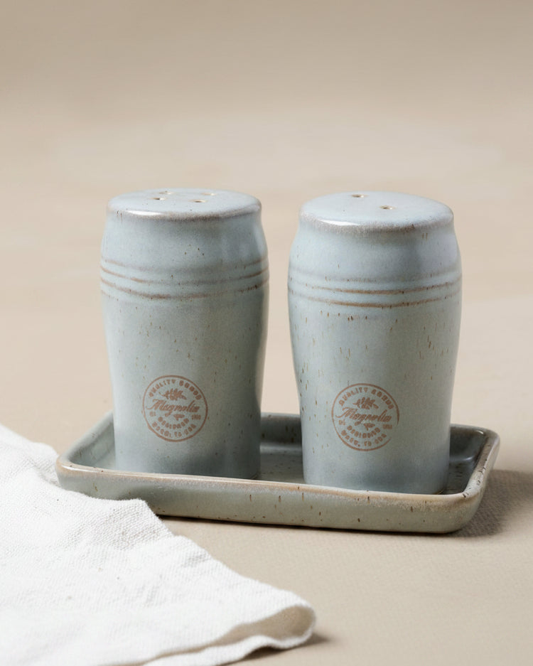 Mavelle French Grey Embossed Stripe Salt & Pepper Shaker Set salt and pepper set - Detail View