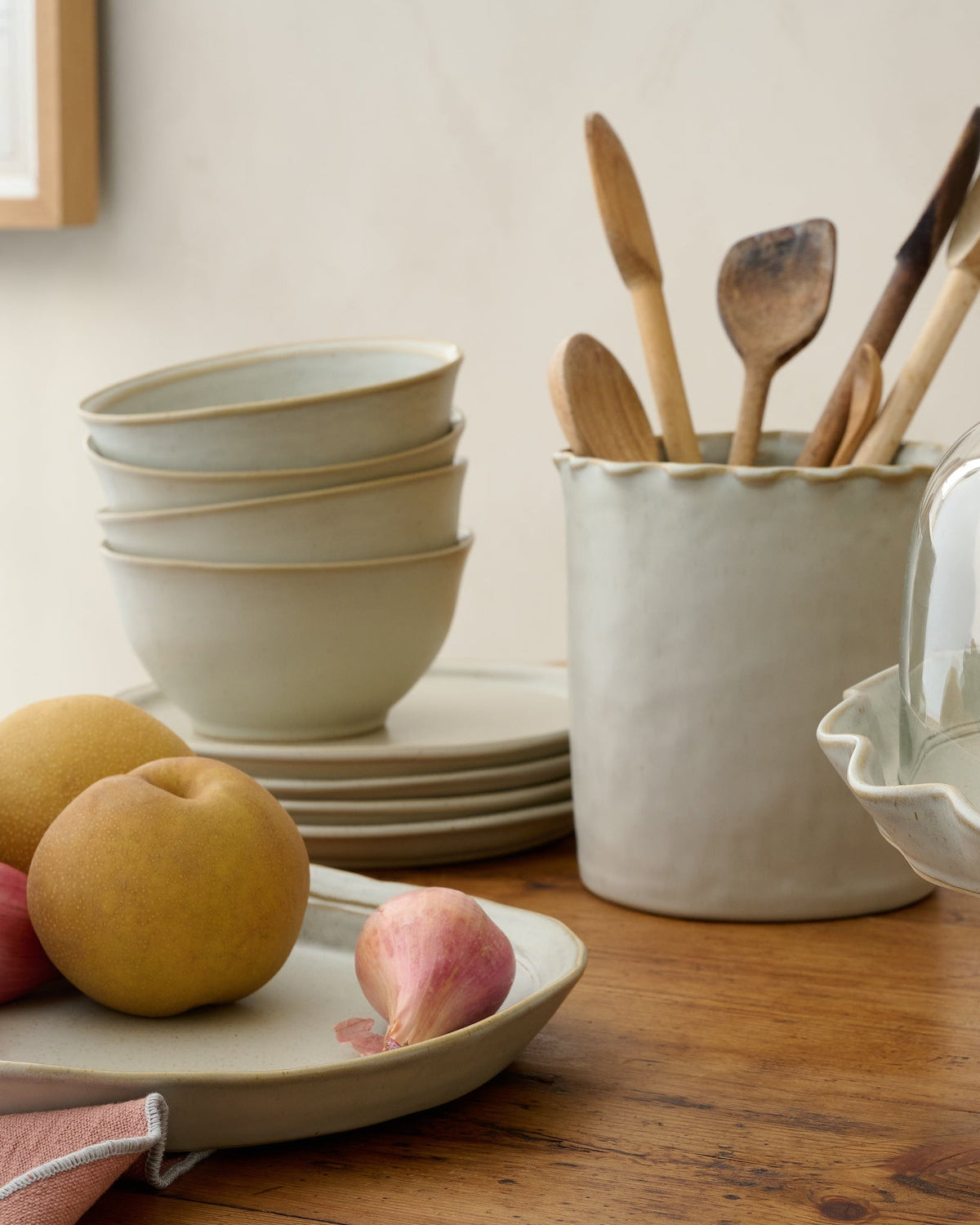 Mavelle French Grey Ruffle Utensil Crock kitchen storage piece - Styled in Room
