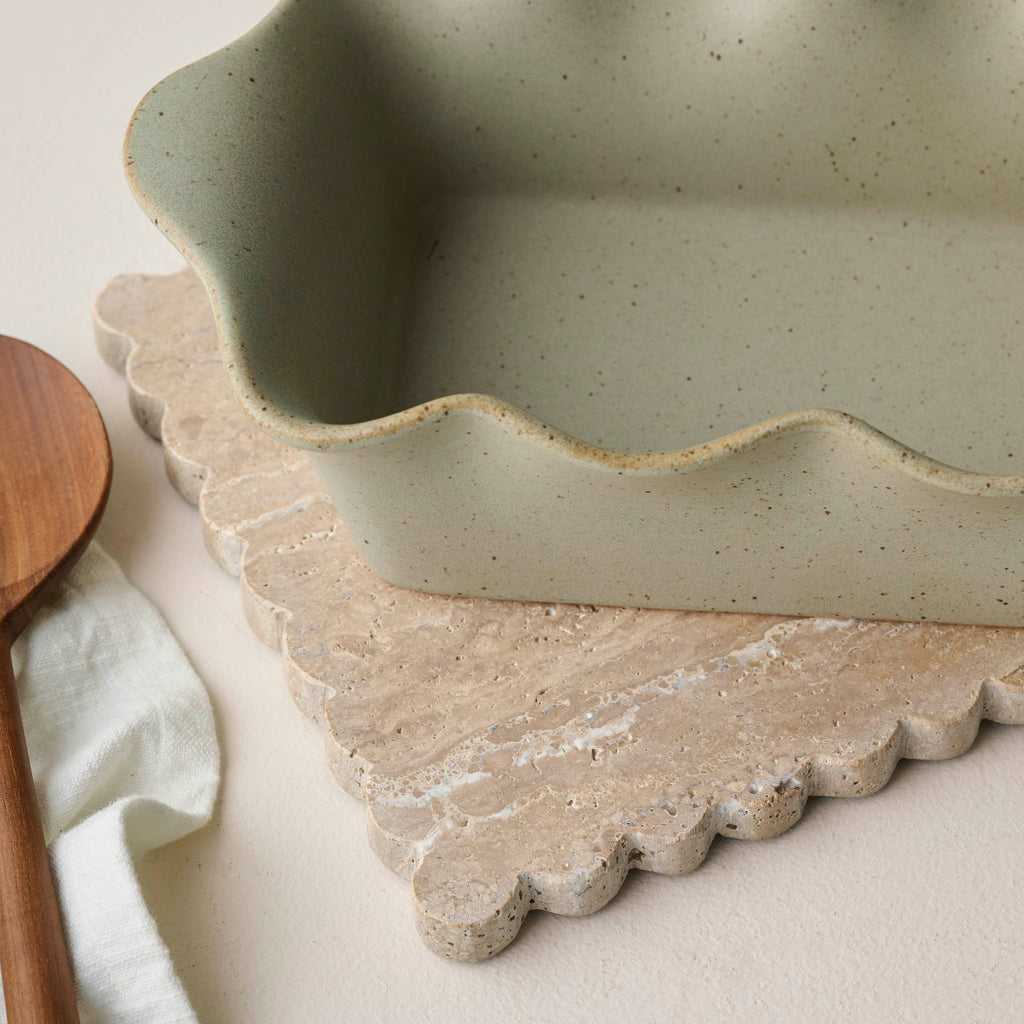 Mavelle Loden Green Scalloped Loaf Pan baking dish - Styled in Room