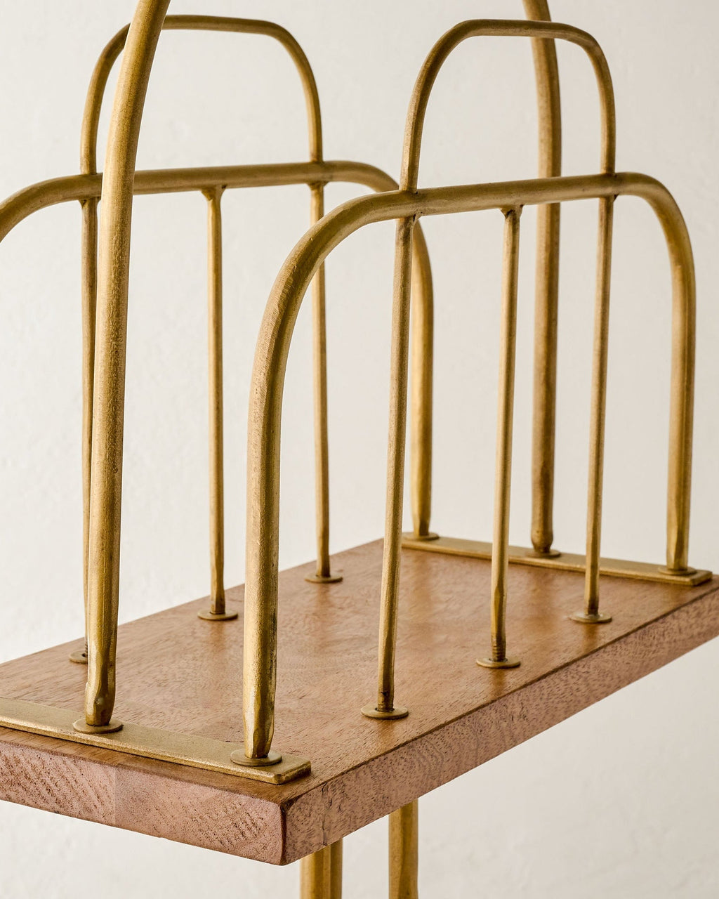 Mavelle Antique Brass and Wood Media Stand decorative accent - Close-Up
