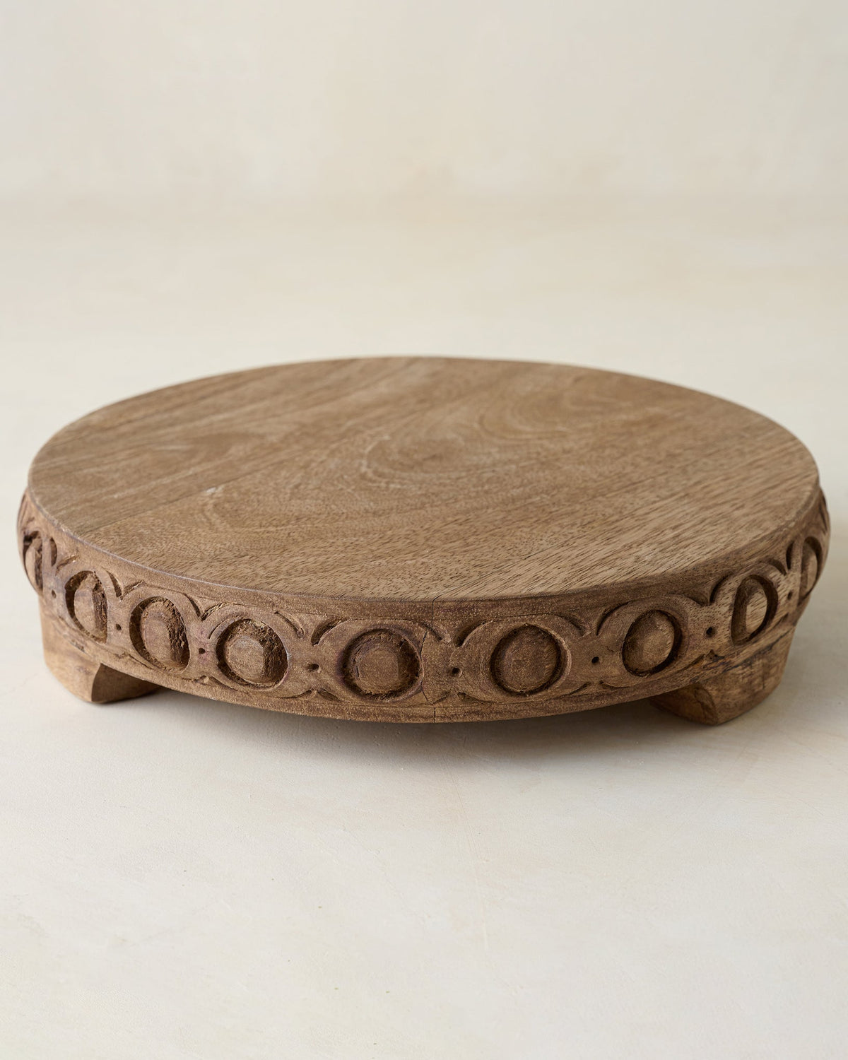 Mavelle Antiqued Carved Wood Round Riser decorative accent - Detail View