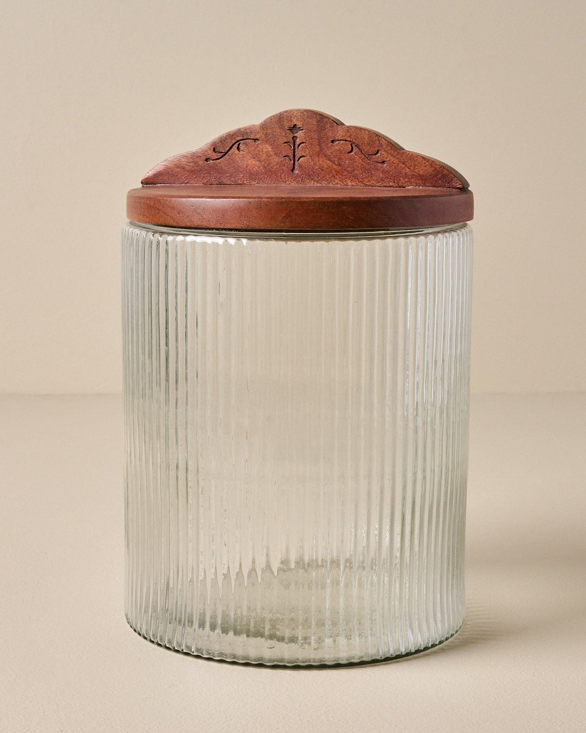 Mavelle Antiqued Wood Ribbed Glass Canister kitchen storage piece - Styled in Room