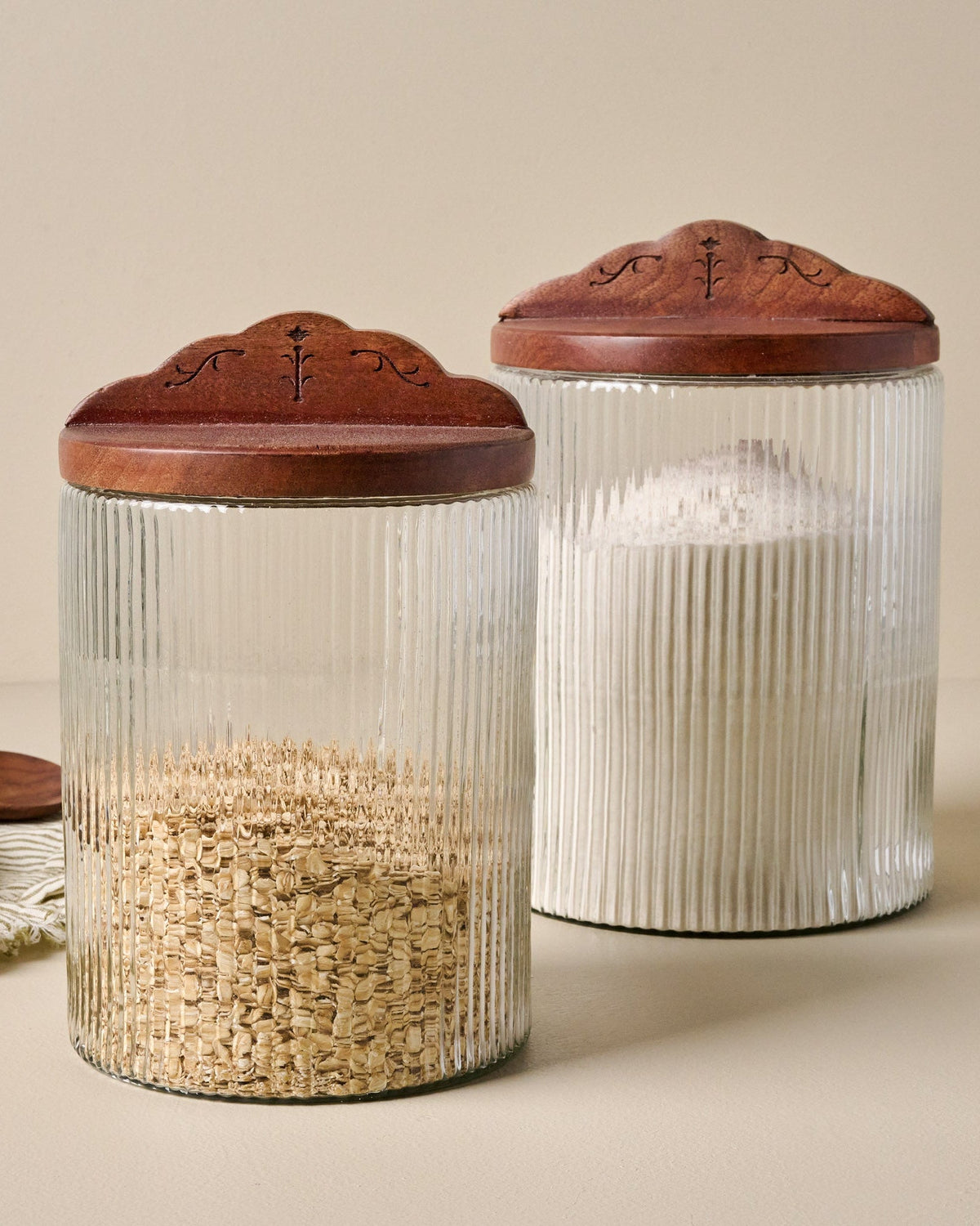 Mavelle Antiqued Wood Ribbed Glass Canister kitchen storage piece - Detail View