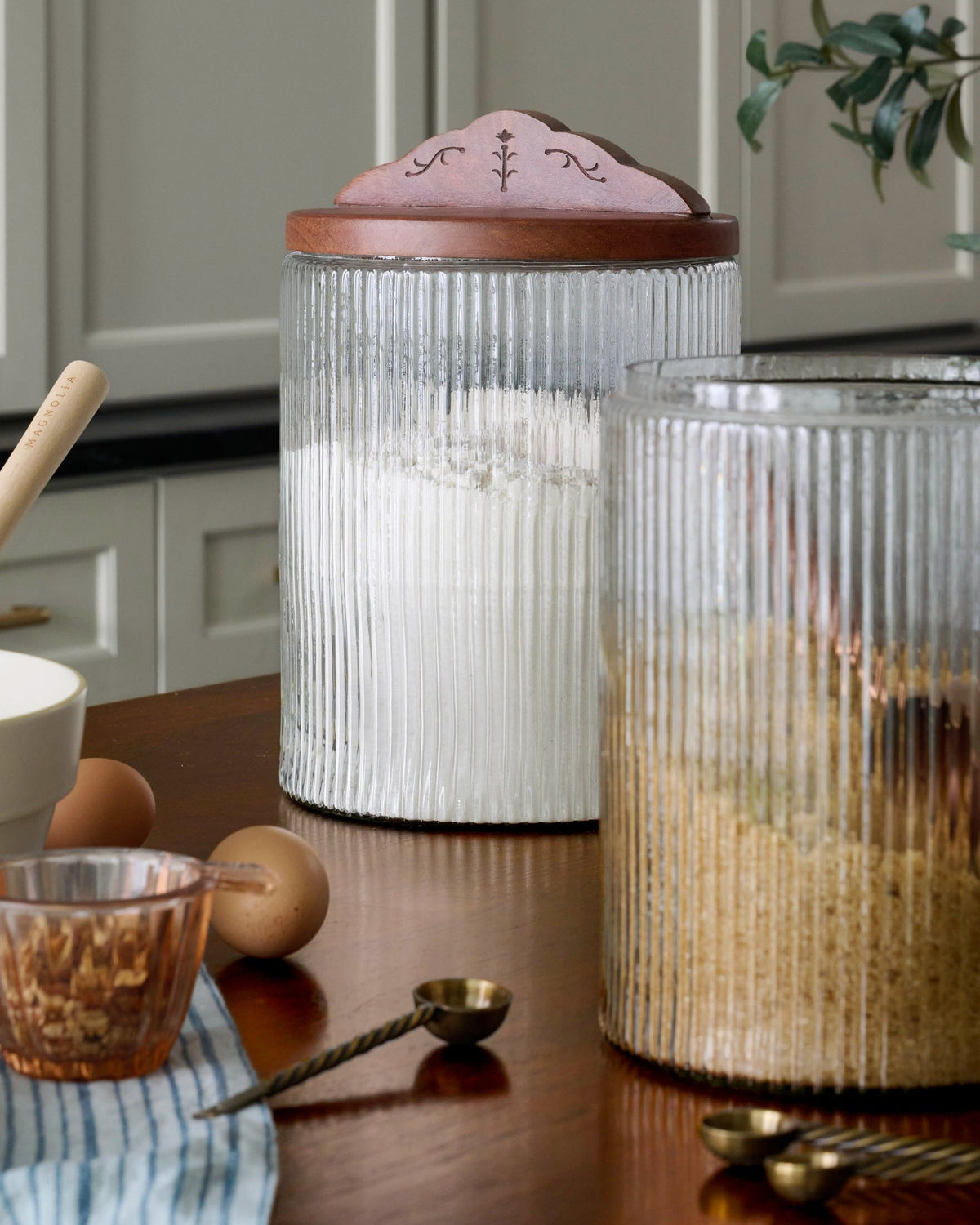 Mavelle Antiqued Wood Ribbed Glass Canister kitchen storage piece - Side View