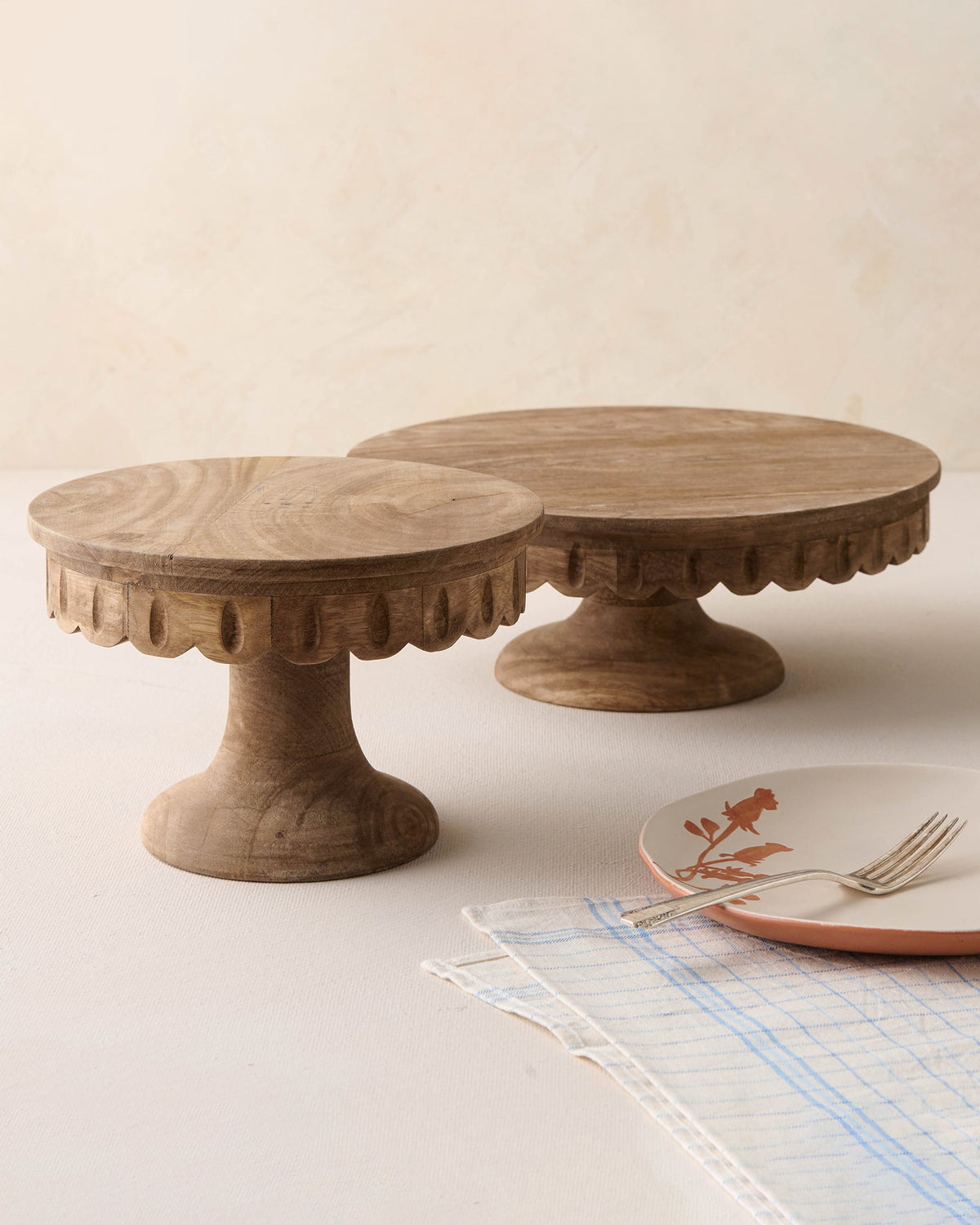 Mavelle Antiqued Wood Scalloped Cake Stand cake stand - Detail View