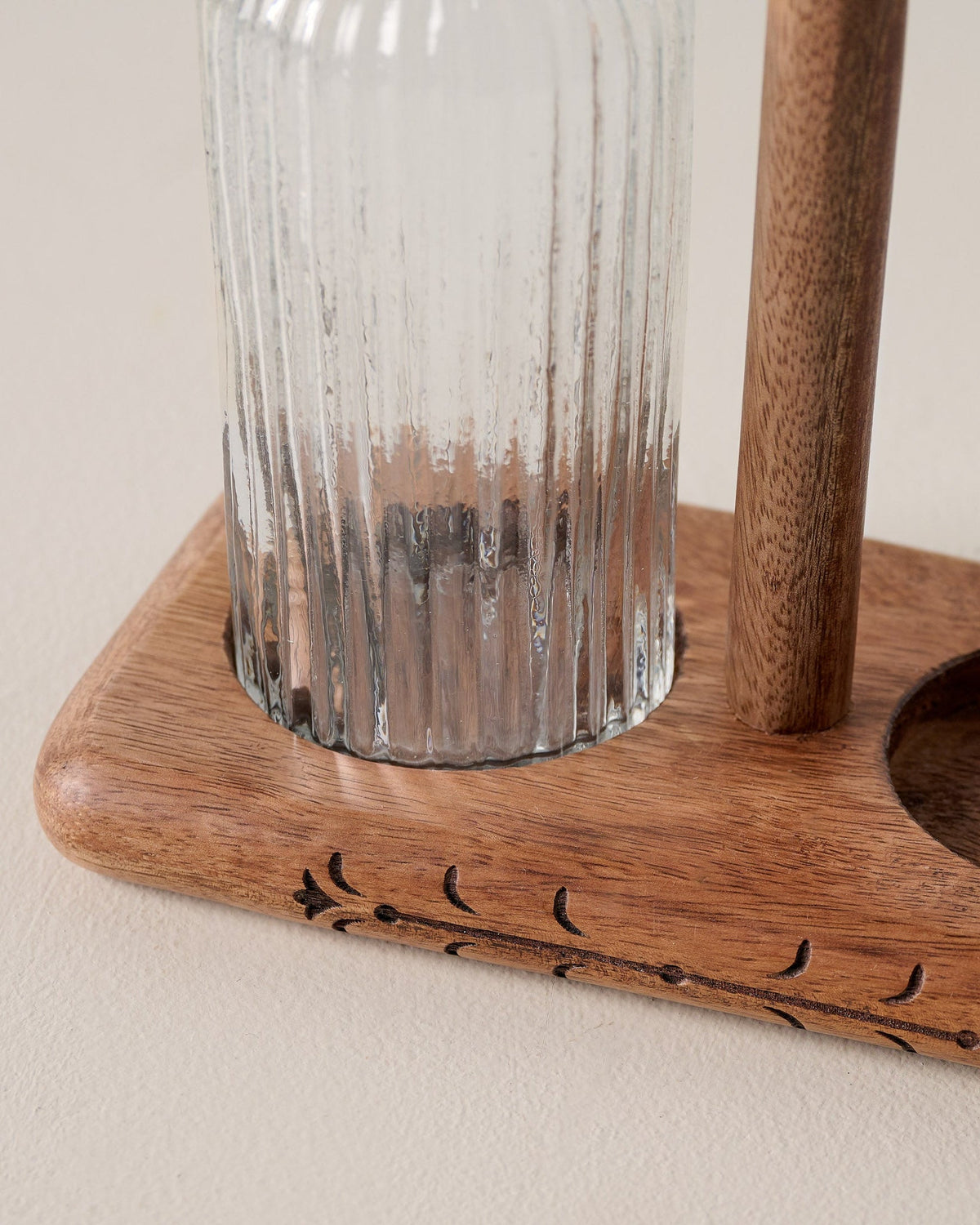 Mavelle Antiqued Wood Ribbed Glass Oil & Vinegar Set kitchen storage piece - Close-Up