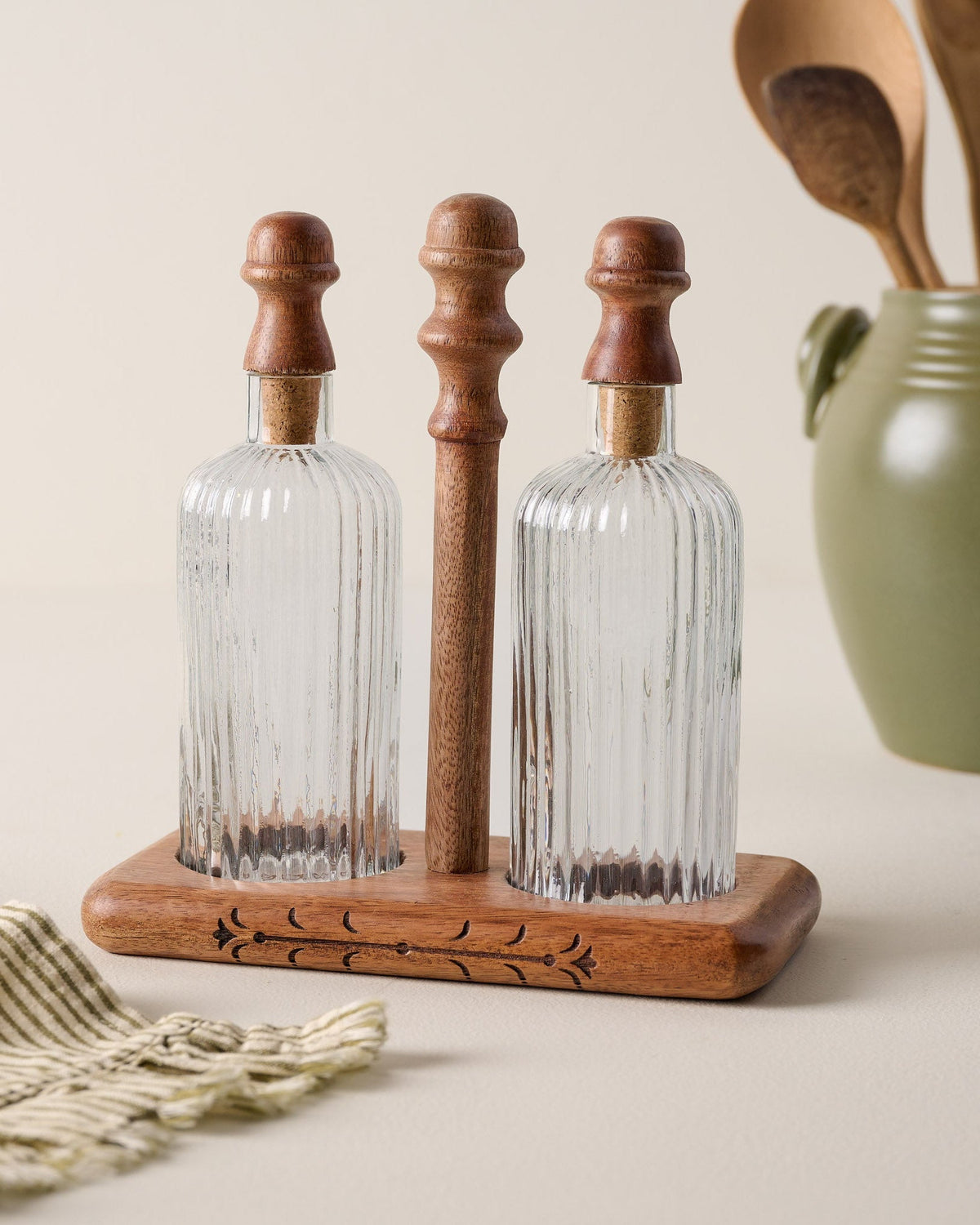 Mavelle Antiqued Wood Ribbed Glass Oil & Vinegar Set kitchen storage piece - Styled in Room