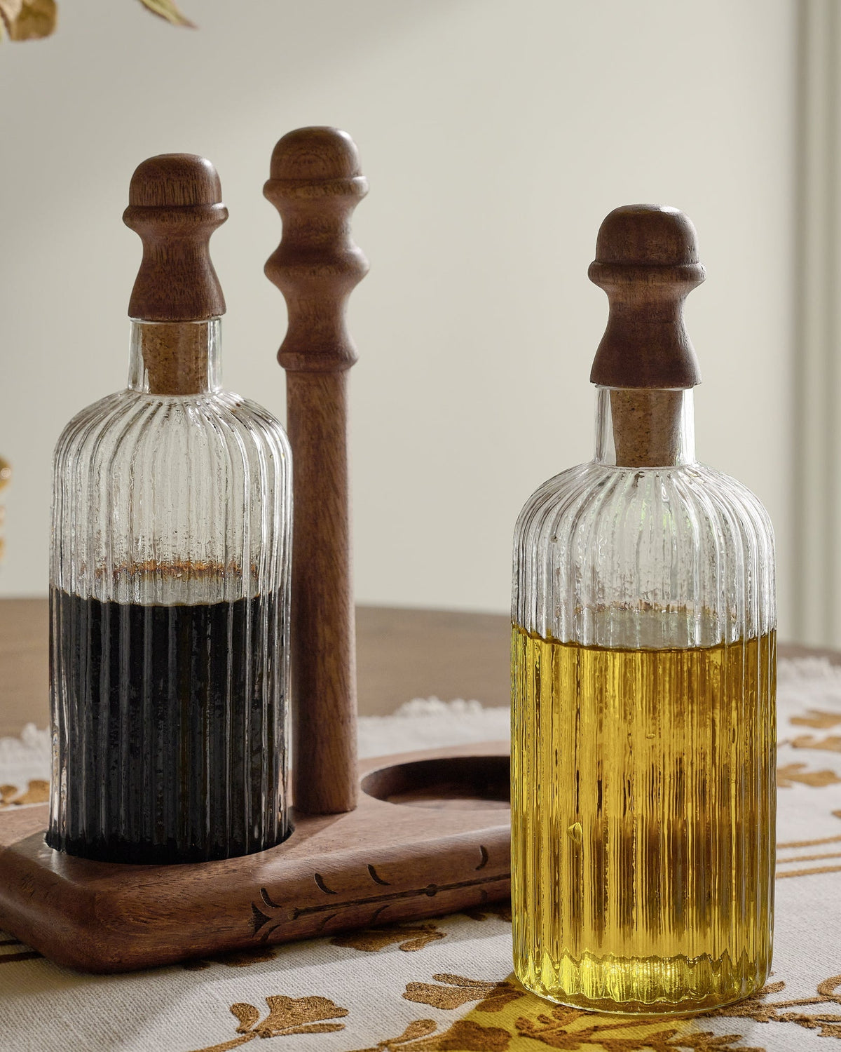 Mavelle Antiqued Wood Ribbed Glass Oil & Vinegar Set kitchen storage piece - Detail View