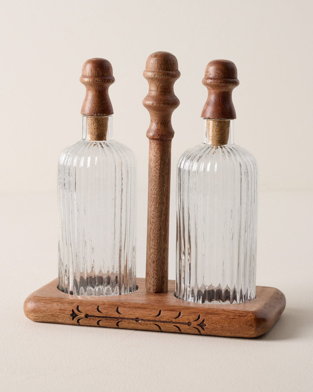 Mavelle Antiqued Wood Ribbed Glass Oil & Vinegar Set kitchen storage piece