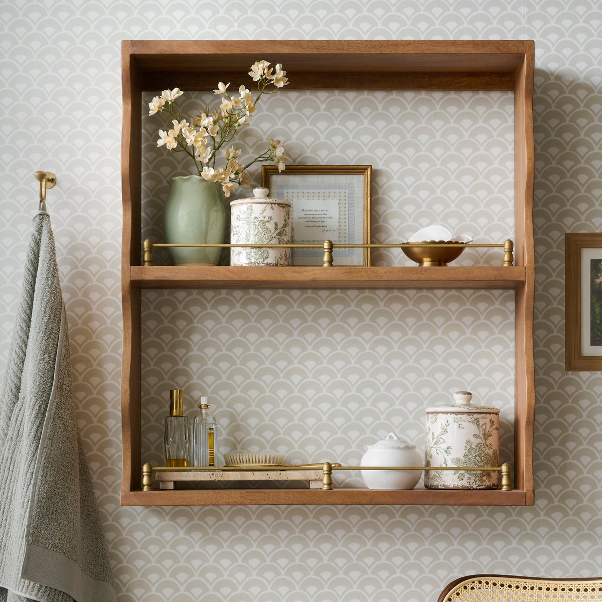 Mavelle Faye Scallop Shelf with Brass Rails wall shelf - Detail View