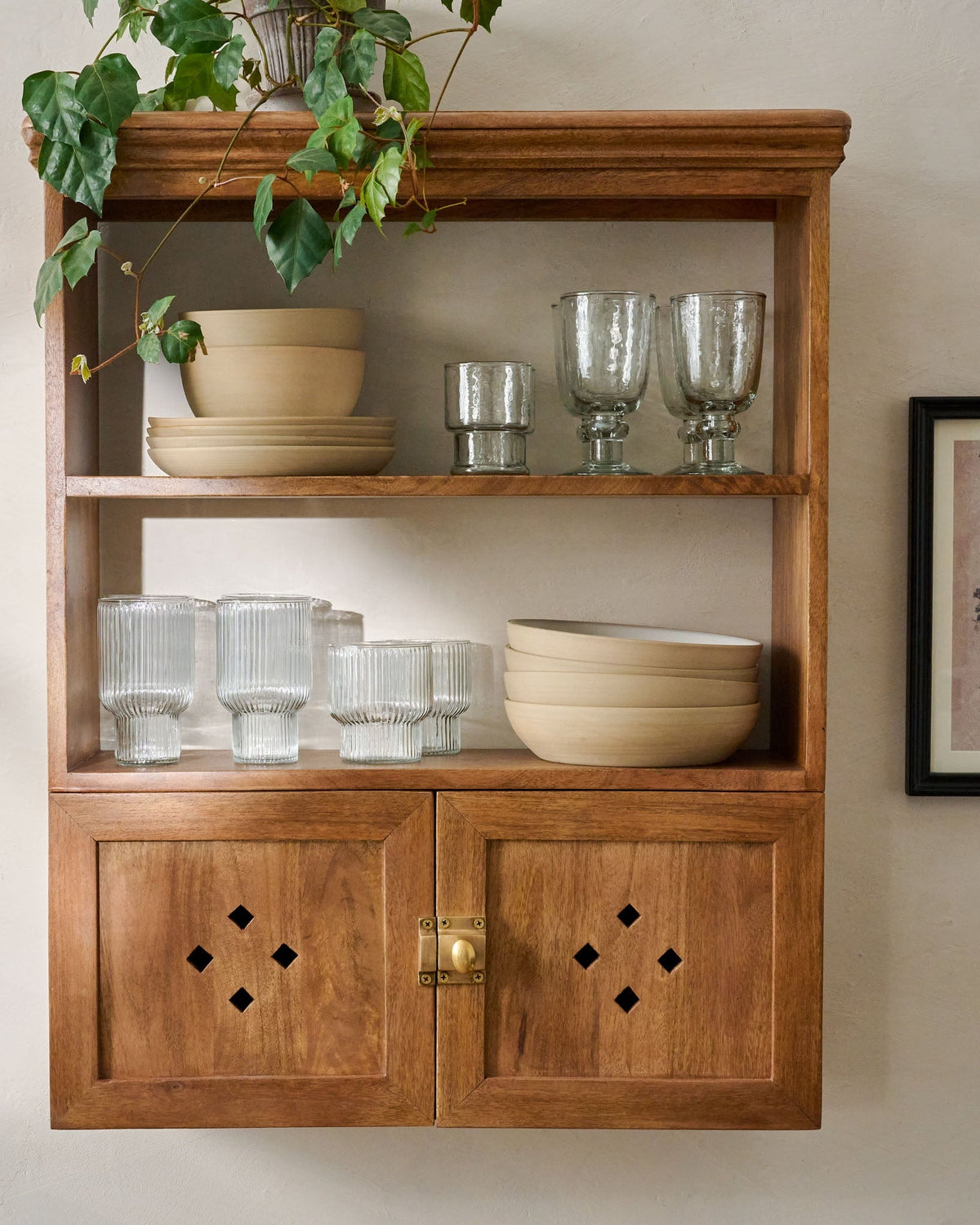 Mavelle Vaughn Antiqued Wood Shelf with Doors wall shelf - Detail View