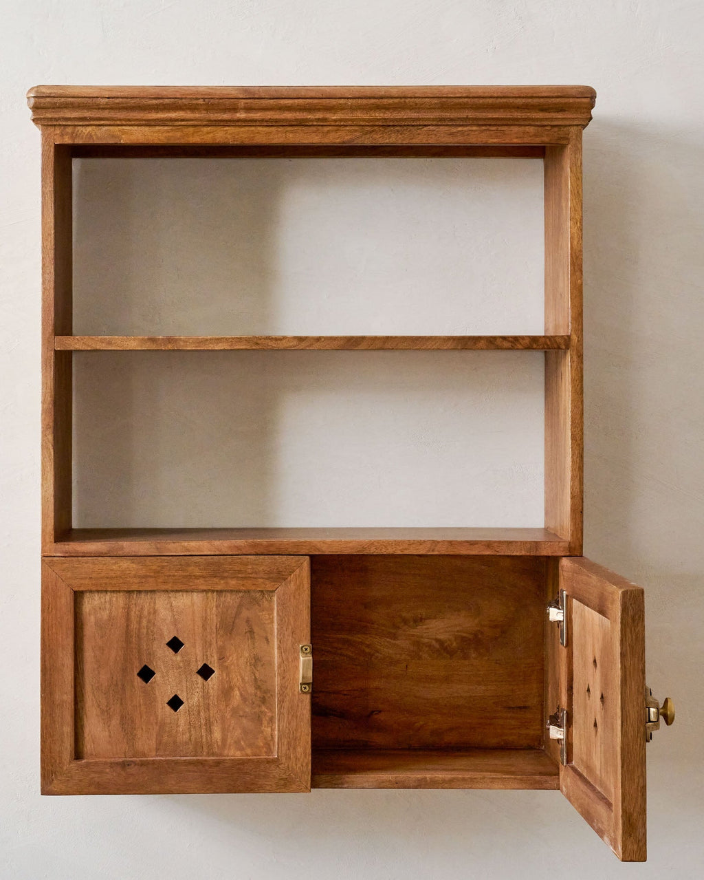 Mavelle Vaughn Antiqued Wood Shelf with Doors wall shelf - Styled in Room