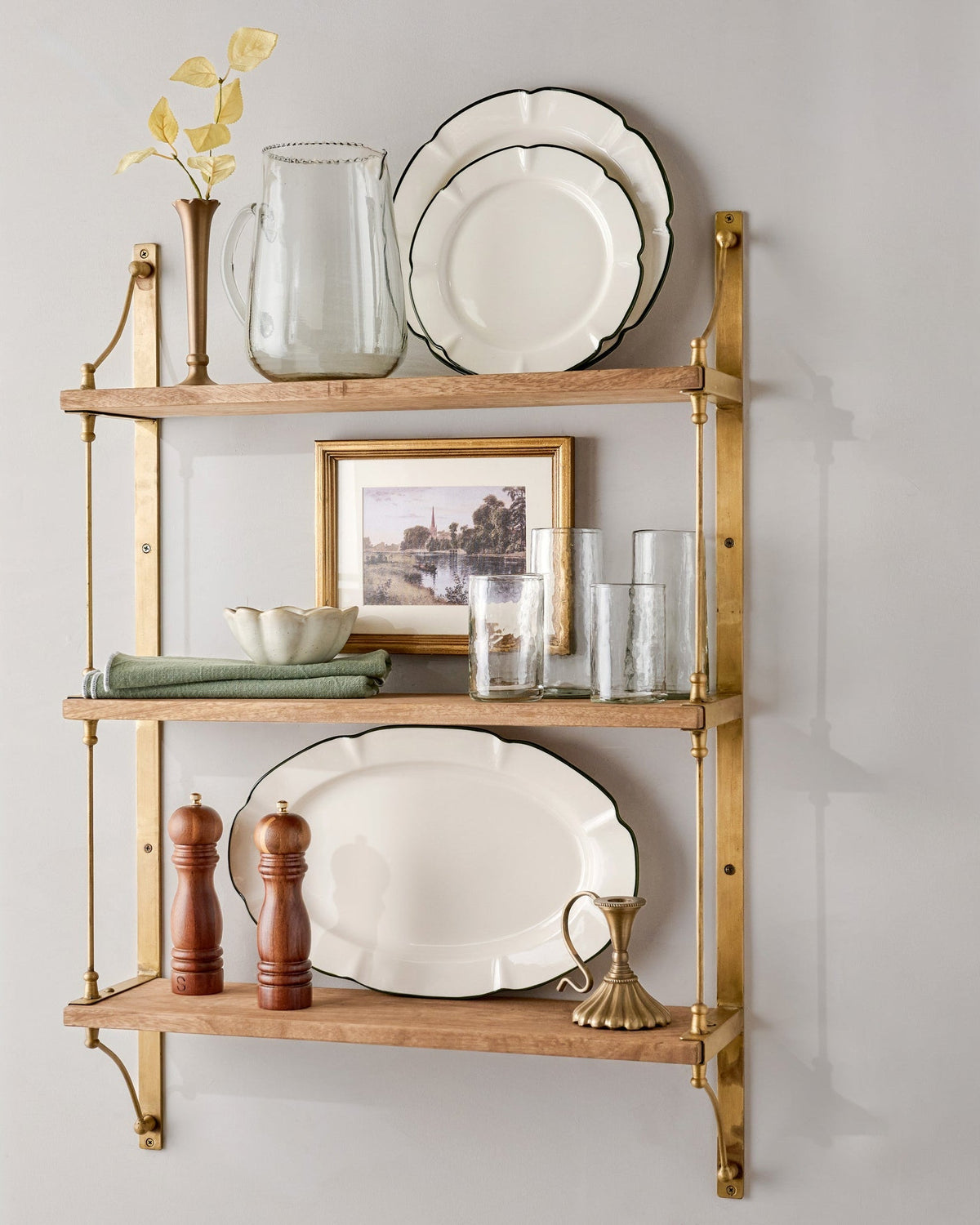 Mavelle Triple Parker Brass and Wood Shelf wall shelf - Styled in Room
