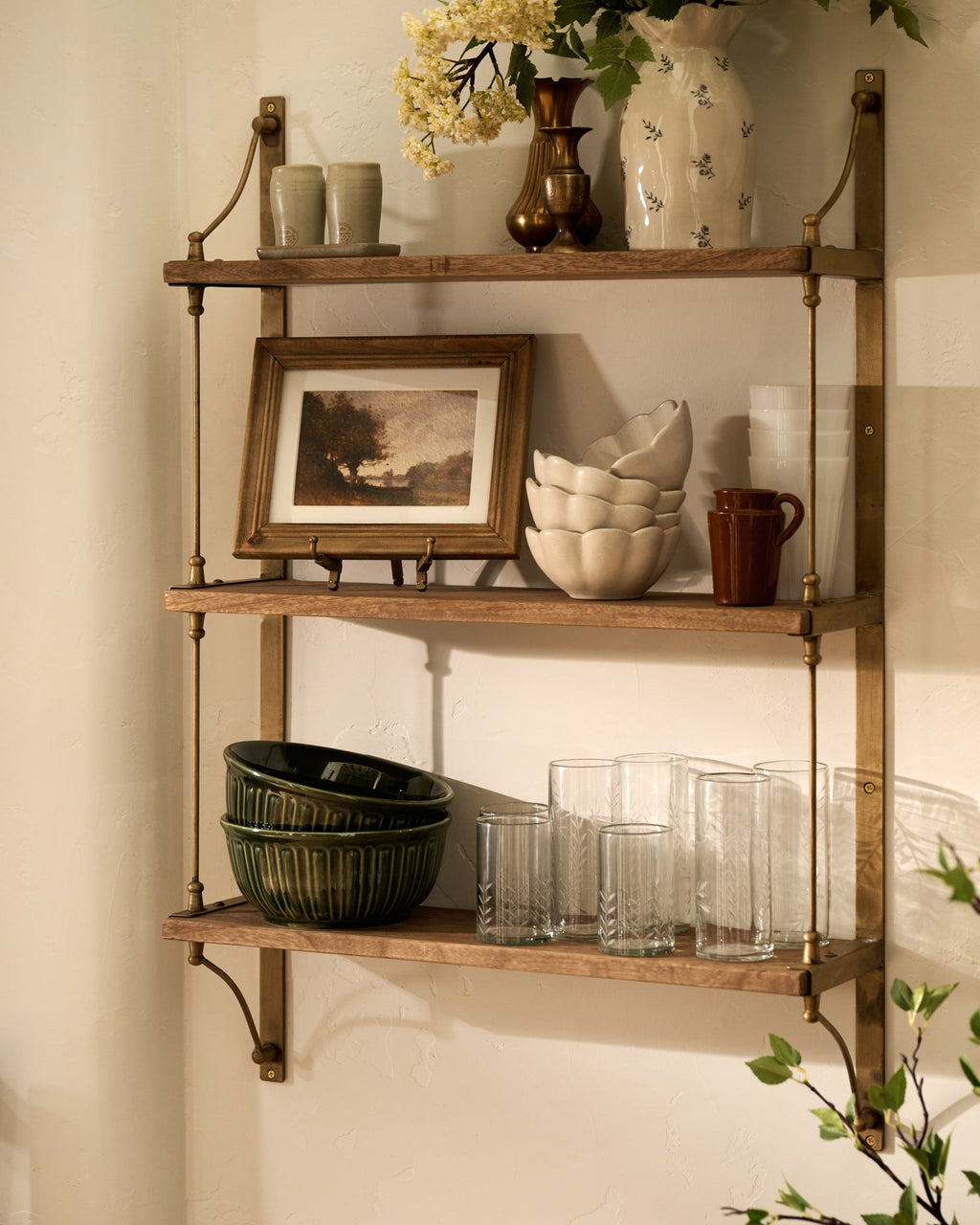 Mavelle Triple Parker Brass and Wood Shelf wall shelf - Detail View