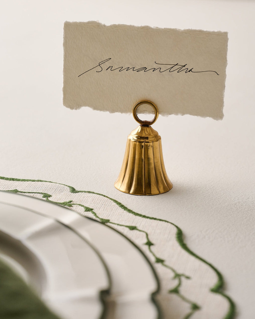 Mavelle Brass Bell Place Card Holder decorative accent - Detail View