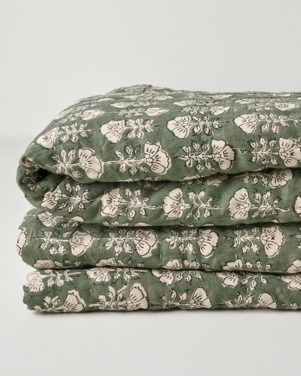 Mavelle Flora Block Printed Quilt - Dusty Green quilt - Close-Up