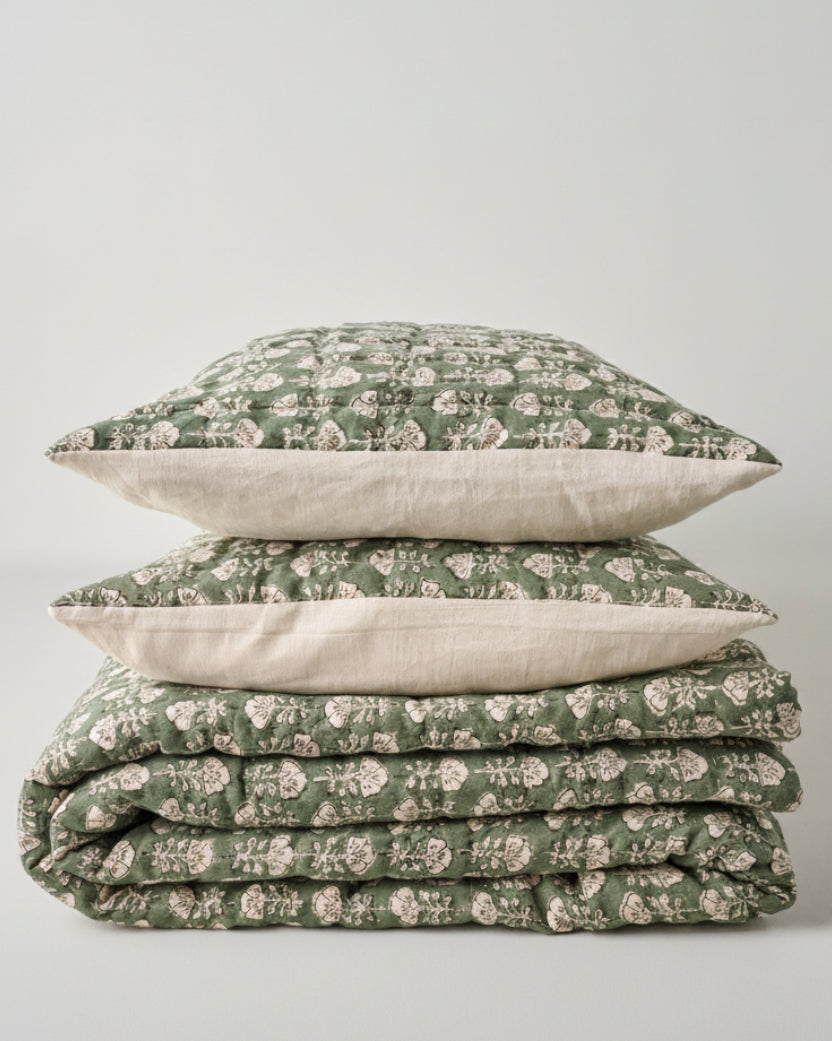 Mavelle Flora Block Printed Quilt - Dusty Green quilt