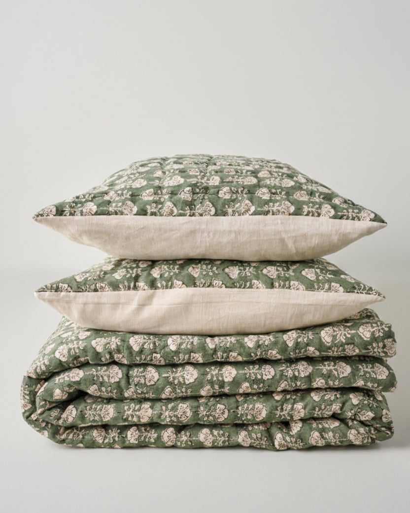 Mavelle Flora Block Printed Sham - Dusty Green (Euro) pillow sham - Styled in Room