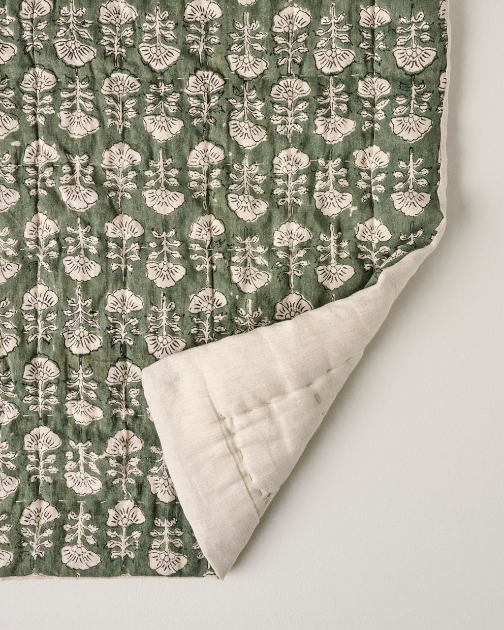 Mavelle Flora Block Printed Quilt - Dusty Green quilt - Alternate View