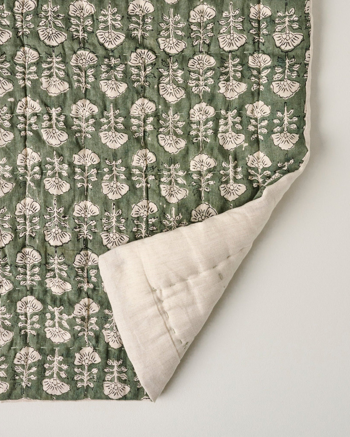 Mavelle Flora Block Printed Quilt - Dusty Green quilt - Alternate View