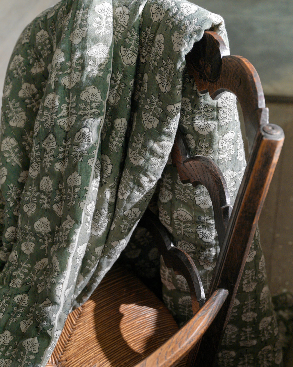 Mavelle Flora Block Printed Quilt - Dusty Green quilt - Detail View