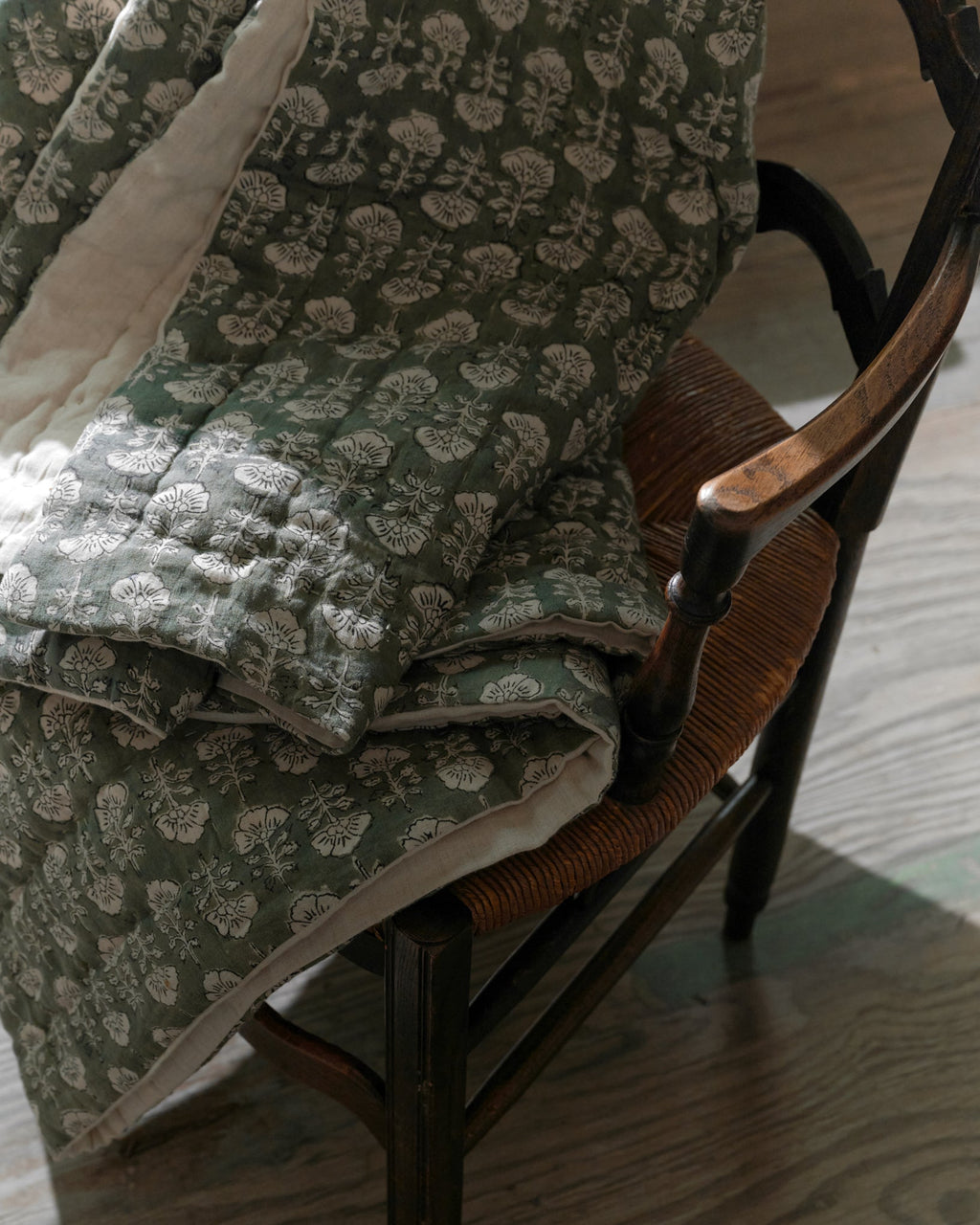 Mavelle Flora Block Printed Quilt - Dusty Green quilt - Styled in Room