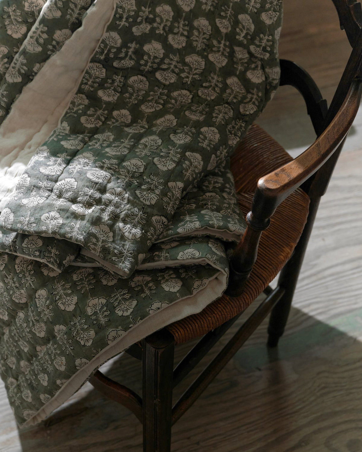Mavelle Flora Block Printed Quilt - Dusty Green quilt - Styled in Room