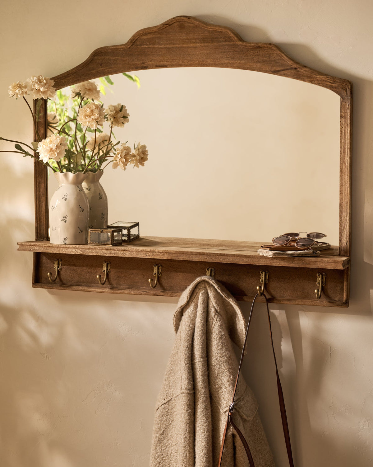 Mavelle Oversized James Mirror with Hooks and Shelf wall shelf - Detail View